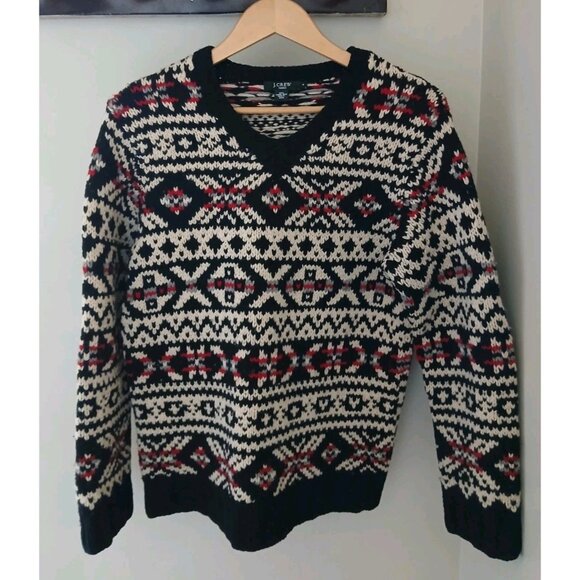 Vtg J. Crew Hand Knit 100% Lambswool V Neck Sweater Size Small Black Knit Winter - Picture 1 of 10